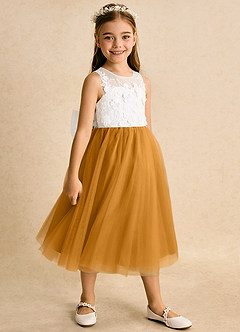 Azazie Lina Flower Girl Dresses Ivory Butterscotch Ball-Gown Lace Dress image3