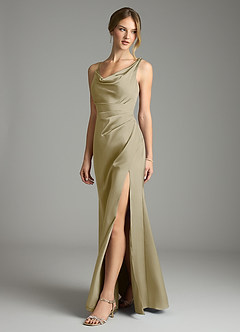 Azazie Samara Robes de demoiselle d'honneur Robe Sirène en Satin extensible Plissée Vert Mousse image3