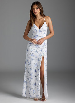 Azazie Becca Bridesmaid Dresses Blue Cottage Floral Sheath V-Neck Chiffon Dress image3