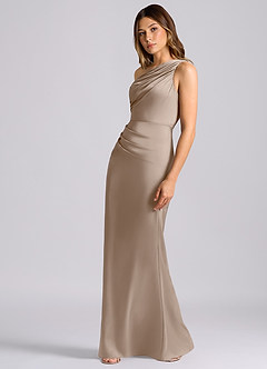Azazie Akilah Jurken voor bruidsmeisjes Jurk van Stretch Satijn met Zeemeermin One-shoulder Taupe image5