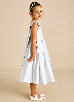 Azazie Francine Blumenmädchenkleider A-Linie Schleifen Matte Satin Kleid Weiß image3