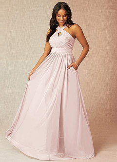 Azazie Hillian Vestidos de damas de honor Vestido de Pétalo De Rosa de Malla de Corte en A con Halter Plisado image1