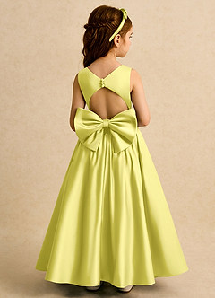Azazie Nellia Blumenmädchenkleider A-Linie Schleifen Matte Satin Kleid Kanarienvogel image1
