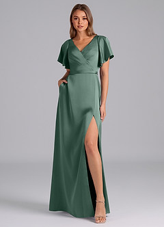 Azazie Ambrosia Bridesmaid Dresses Eucalyptus A-Line Pleated Stretch Satin Dress image6