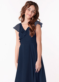 Azazie Posie Junior Dark Navy A-Line Ruched Chiffon Dress image6