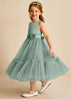 Azazie Miracle Flower Girl Dresses Silver Sage A-Line Bow Matte Satin Dress image3