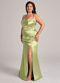 Azazie Saige Bridesmaid Dresses Pistachio Sheath Off the Shoulder Metallic Satin Convertible Dress image13