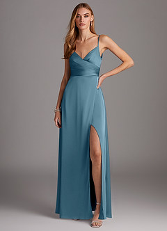Azazie Calissa Final Sale Bermuda A-Line V-Neck Pleated Stretch Satin Dress image1