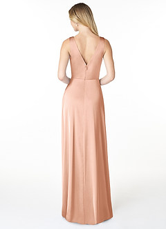 Azazie Nelly Bridesmaid Dresses Rose Gold A-Line V-Neck Pleated Stretch Satin Dress image2