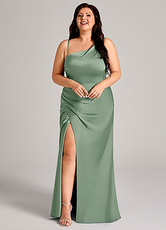 Azazie Madelyn Jurken voor bruidsmeisjes Converteerbaar Jurk van Stretch Satijn met Zeemeermin One-Shoulder Matcha image15