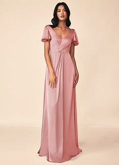 Azazie Soren Robes de demoiselle d'honneur Robe Trapèze en Satin extensible Plissée Rose Poudré image2