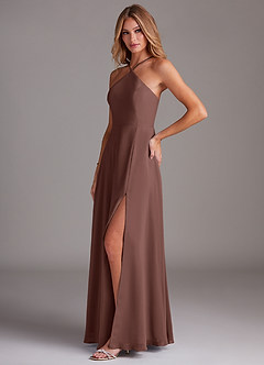Azazie Bailey Bridesmaid Dresses Espresso A-Line Halter Side Slit Chiffon Dress image3