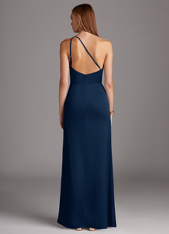 Azazie Mika Bridesmaid Dresses Dark Navy Sheath One Shoulder Stretch Satin Dress image2