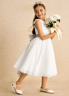 Azazie Dani Blumenmädchenkleider A-Linie Schleifen Chiffon Kleid Elfenbein Frost image3