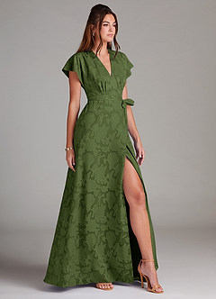 Azazie Ling Robes de demoiselle d'honneur Robe Trapèze en Blumen-Burnout Plissée Olive image4