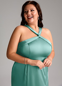 Azazie Rue Bridesmaid Dresses Aqua A-Line Pleated Stretch Satin Dress image13
