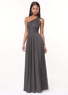 Azazie Charlize Bridesmaid Dresses Steel Grey A-Line One Shoulder Mesh Dress image3