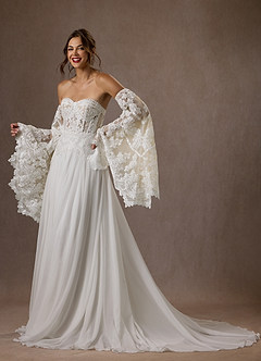 Azazie Rhya Hochzeitskleider A-Linie Schulterfrei Spitze Kleid Diamantweiß Champagner image3