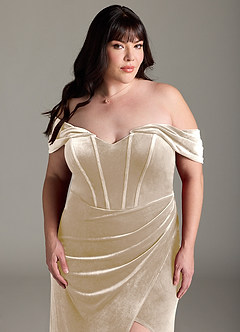 Azazie Jas Bridesmaid Dresses Champagne Sheath Off-The-Shoulder Corset Velvet Convertible Dress image14