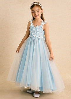 Azazie Darlina Robe Demoiselle D'honneur Fillette Robe Princesse en Tulle Dentelle Ivoire Bleu Ciel image9