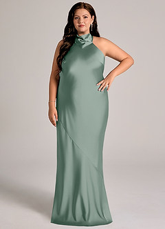 Azazie Velli Suknie dla druhen Syrena Wysoka Kołnierz Satyna elastyczna Do ziemi Sukienka image7