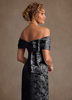 Azazie Zion Mother of the Bride Dresses Black Sheath Off the Shoulder Floral Jacquard Dress image6