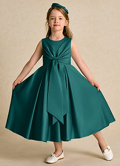 Azazie Lady Flower Girl Dresses Peacock A-Line Pleated Matte Satin Dress image1
