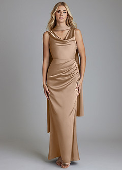 Azazie Tallie Bridesmaid Dresses Taupe Mermaid Pleated Stretch Satin Dress image5