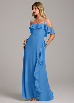 Azazie Aubrie Bridesmaid Dresses Blue Jay A-Line Off the Shoulder Chiffon Dress image3