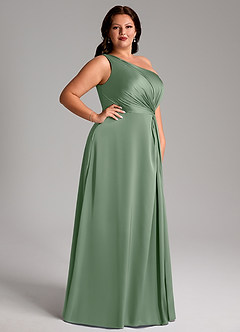 Azazie Brooke Vestidos de damas de honor Vestido de Matcha de Satén Elástico de Corte en A con Hombro unilateral image10