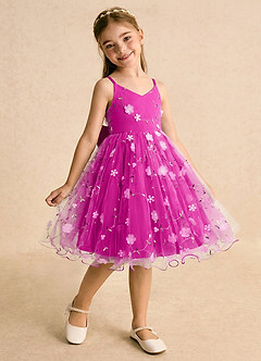 Azazie Junebug Blumenmädchenkleider Ballkleid Spaghetti Riemen Tüll Kleid Fuchsia image2