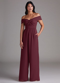 Azazie Lamara Bridesmaid Dresses Cabernet Off the Shoulder Chiffon Convertible Jumpsuit image1