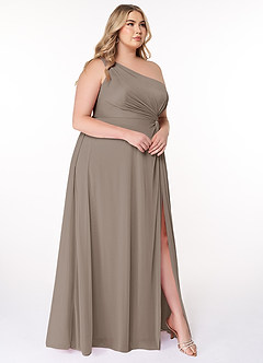 Azazie Brooke Robes de demoiselle d'honneur Robe Trapèze en Maille Ue épaule Taupe image9
