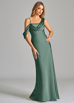 Azazie Celina Bridesmaid Dresses Eucalyptus Sheath Off the Shoulder Stretch Satin Dress image1