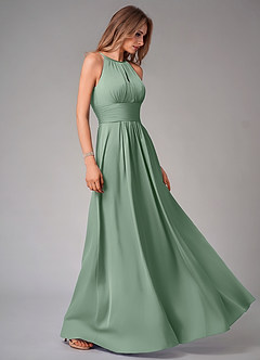 Azazie Bonnie Vestidos de damas de honor Vestido de Matcha de Satén Elástico de Corte en A con Plisado image4