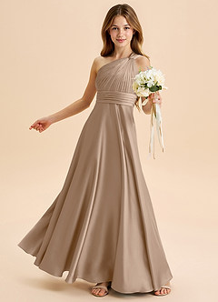 Azazie Charlize Junior Taupe A-Line Pleated Stretch Satin Dress image4