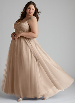Azazie Luxi Bridesmaid Dresses Taupe A-Line Pleated Tulle Dress image9