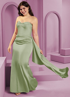 Barbie ♥ Azazie Vestidos de damas de honor Vestido de Salvia Polvorienta de Satén Elástico de Corte Recto Convertible con Sin tirantes image14