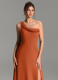 Azazie Thea Vestidos de damas de honor Vestido Naranja Quemada de Gasa de Línea A con Un hombro image5