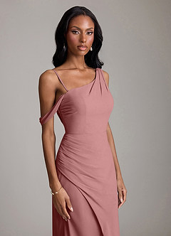 Azazie Madelyn Vestidos de damas de honor Vestido de Rosa Del Desierto de Gasa de Corte Sirena Convertible con Hombro unilateral image3