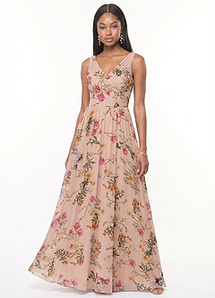 Azazie Keyla Vestidos de damas de honor Vestido de Pétalos De Rosa Florales de Gasa de Corte en A con Cuello en V Plisado image3