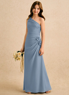 Azazie Sophie Girls Formal Robe Demoiselle D'honneur Fillette Robe Fourreau en Mousseline de soie Une épaule Bleu Poussiéreux image4