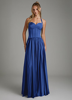 Azazie Piper Bridesmaid Dresses Royal Blue A-Line Corset Stretch Satin Dress image1