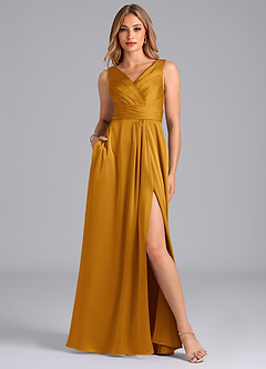 Azazie Karina Bridesmaid Dresses Butterscotch A-Line Pleated Stretch Satin Dress image1