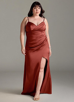 Azazie Yola Bridesmaid Dresses Terracotta Sheath V-Neck Pleated Stretch Satin Convertible Dress image9