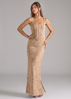 Azazie Kenna Bridesmaid Dresses Champagne Sheath Side Slit Floral Burnout Dress image5