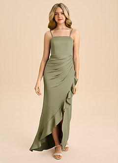 Azazie Buzzy Junior Pistachio Sheath Pleated Stretch Satin Dress image4