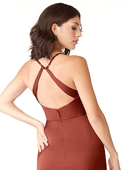 Azazie Geanna At-home Try On Dresses Matcha Sheath V-Neck Pleated Stretch Satin Dress image6