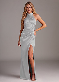 Azazie Jemma Bridesmaid Dresses Silver Sheath Pleated Stretch Satin Dress image1