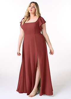 Azazie Bondi Vestidos de damas de honor Vestido Terracota de Gasa de Línea A con Volantes image9
